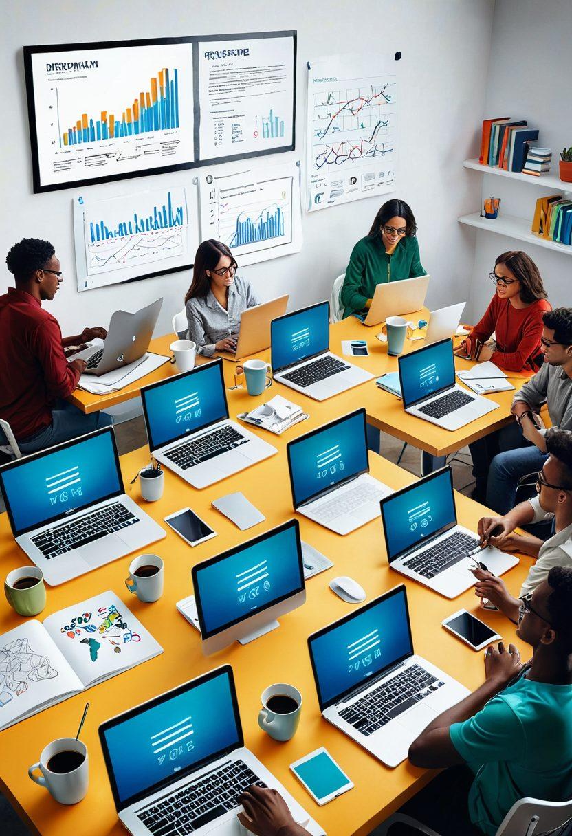 A dynamic workspace scene featuring a diverse group of motivated individuals collaborating on laptops, surrounded by notes, coffee cups, and digital devices, symbolizing innovation in digital web publishing. Bright colors to showcase energy and creativity. Incorporate elements like charts and blogs on screens to represent mastering online content. modern illustration. vibrant colors. white background.