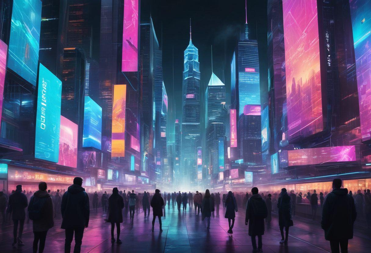 A dynamic digital landscape showcasing a futuristic cityscape with towering skyscrapers made of glowing screens displaying blogs and social media posts. In the foreground, a diverse group of individuals interacts with holographic interfaces, illustrating the power of cyber blogging. The scene is vibrant and energetic, emphasizing technology and connectivity. The colors are bright and electric, creating a lively atmosphere. cyberpunk. vibrant colors. super-realistic.
